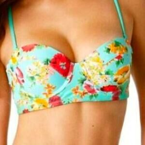 AERIE 32D Teal Pink Floral Hibiscus Tropical Padded Push Up Bikini Top Swimwear‎
